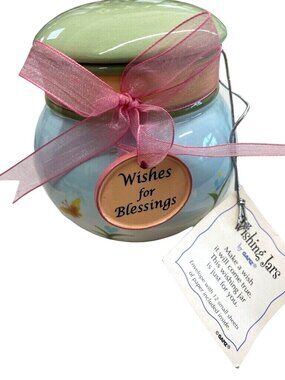 Wishing Jar With "Wishes For Blessings" Butterfly  Green Lid Pink Ribbon By Ganz